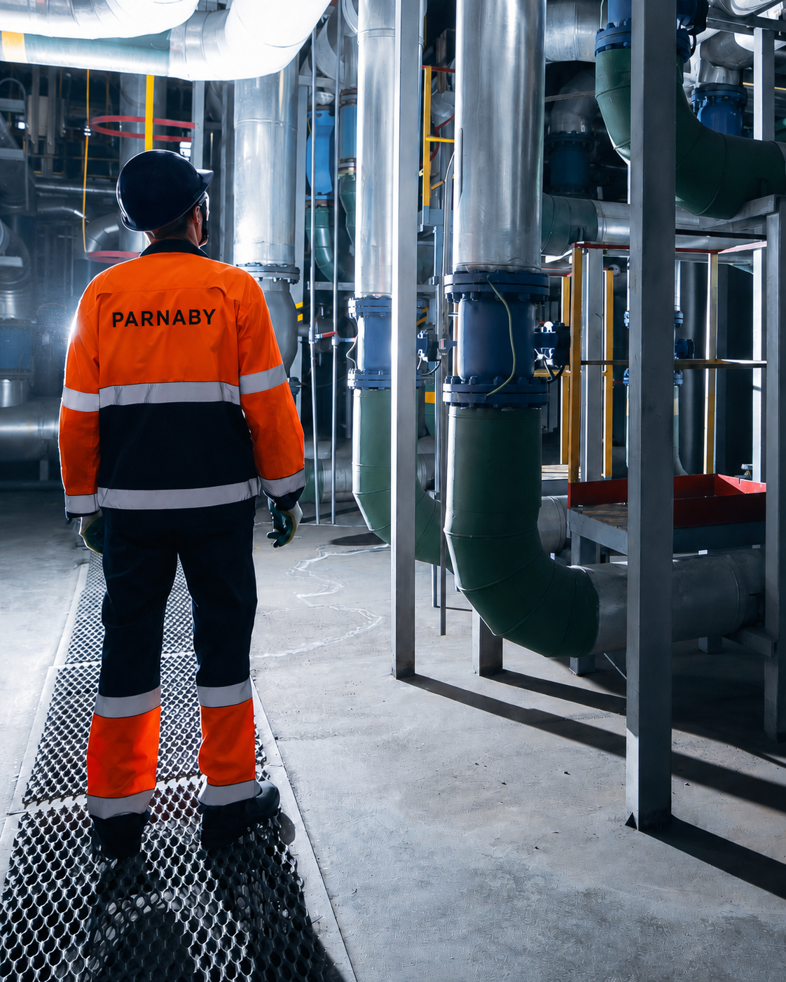 Parnaby worker in high-visibility clothing inspecting industrial pipework in a factory